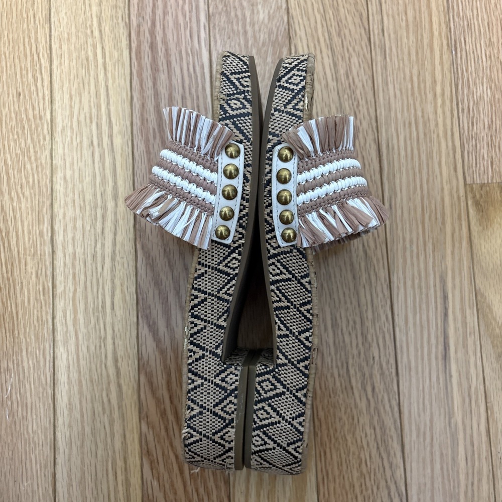 Coach Brayden Raffia Sandals Brown White Fringed Raffia Band & Cork Footbed 6.5 - Picture 2 of 6